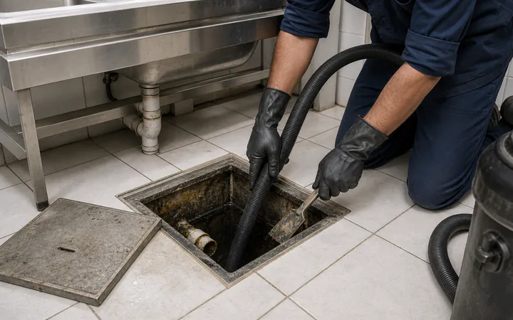 Limpeza de caixa de gordura embutida no piso com sucção e raspagem