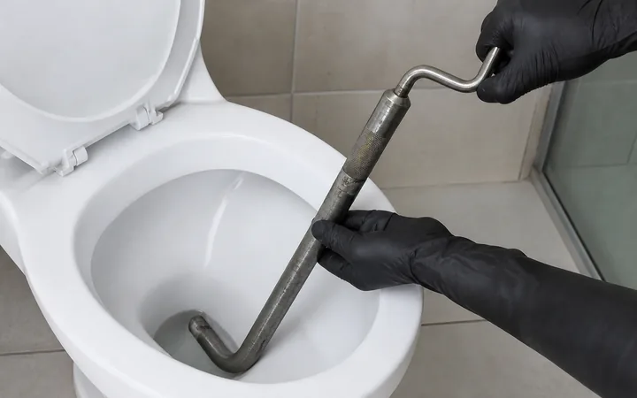 Desentupimento de vaso sanitário: técnico da Controlar desobstruindo o sifão do vaso